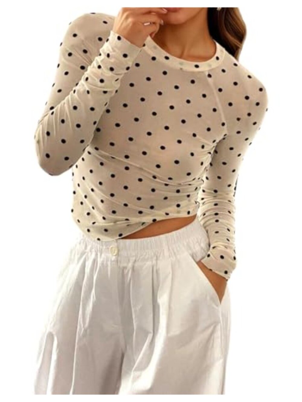 Women's Floral Mesh Top Crew Neck Long Sleeve See Through Fitted Tee